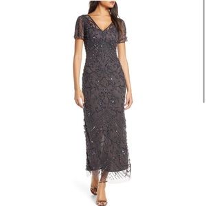 Pisarro Nights Beaded Mesh Column Gown Women's Sz 8 Gray Midi Short Sleeve